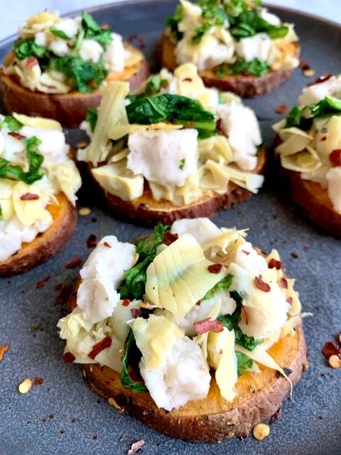 Vegan Mini Sweet Potato Pizzas with Artichokes and Arugula [GF]