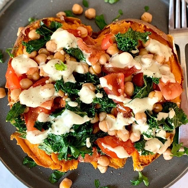 VEGAN CHICKPEA & KALE STUFFED SWEET POTATOES WITH ALFREDO SAUCE