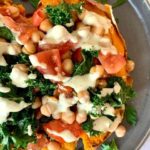 VEGAN CHICKPEA & KALE STUFFED SWEET POTATOES WITH ALFREDO SAUCE