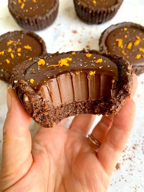 Vegan No-Bake Dark Chocolate & Orange Tarts with Brownie Crust