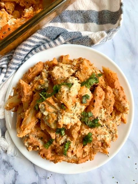 Vegan Baked Ziti with Almond Ricotta & Tomato Cream Sauce