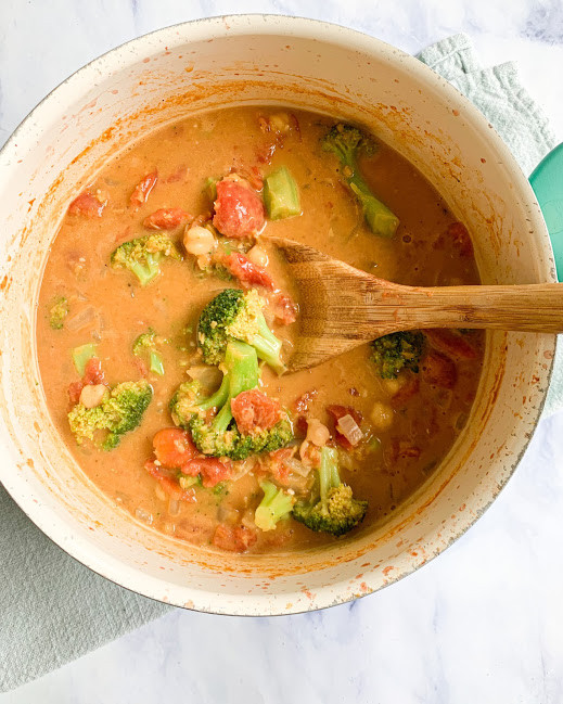 vegan coconut chickpea curry soup in a large pot