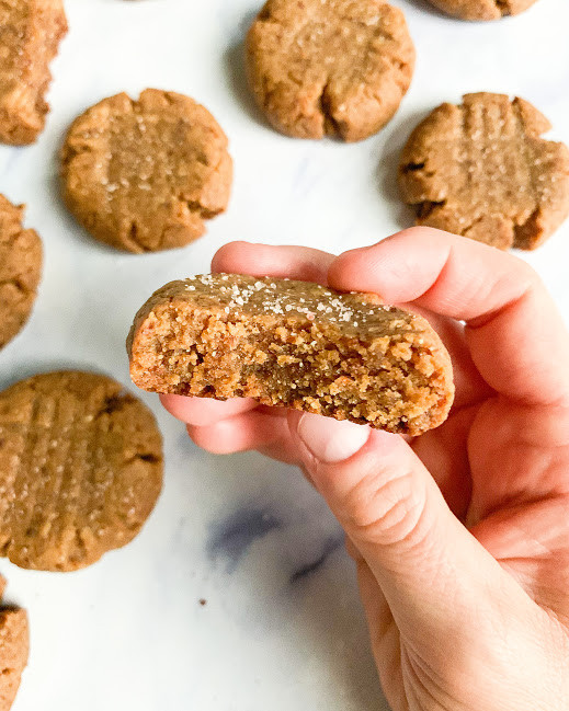 a hand holding a vegan date sweetened peanut butter cookies with a white background and cookies in the background 
