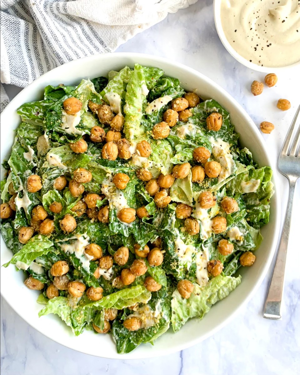 Vegan Caesar Salad with Crispy Chickpea Croutons • Wholesome Crumbs